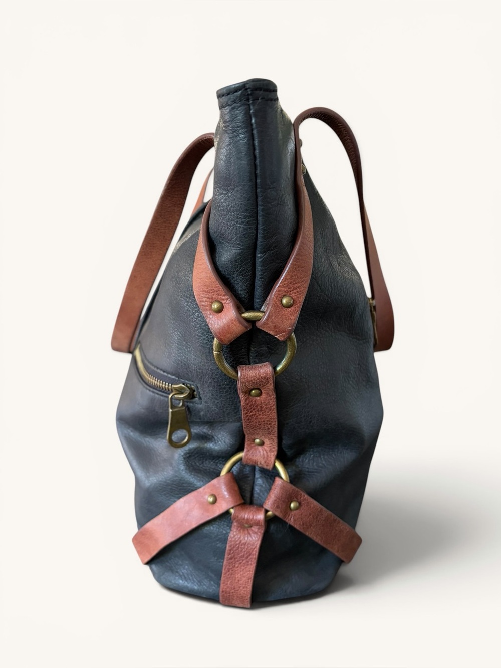 Lucky Brand Black Leather Tote with Brown Straps - Picture 7 of 16